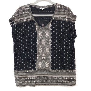 Lucky Brand Womens Blouse Dolman Short Sleeve Black/Gray Print Boho Size L/G